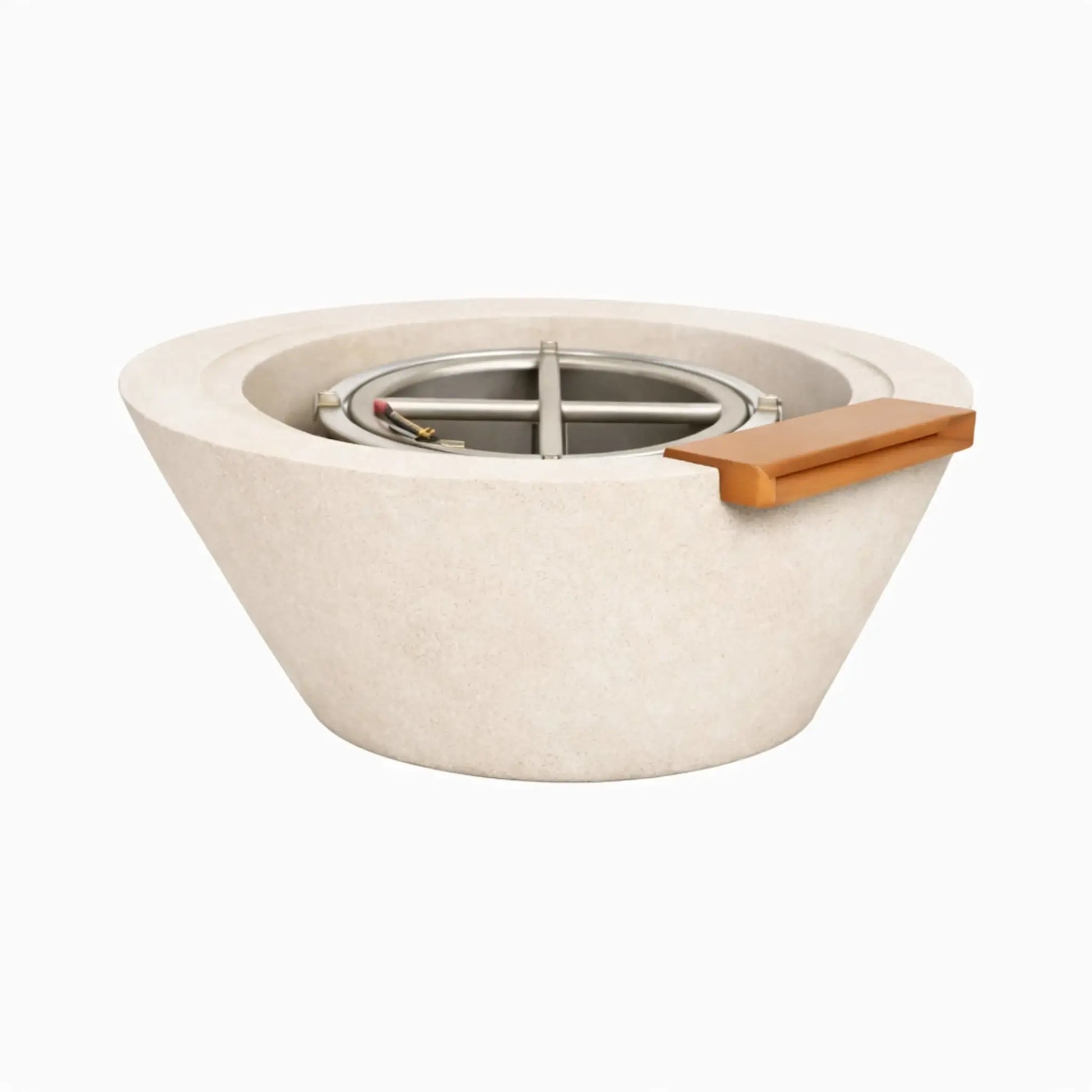 White round cone style fire and water bowl made from concrete with a smooth, natural stone finish, showcasing the sloped bowl profile, internal gas burner components, and bronze spillway designed for modern outdoor installations.