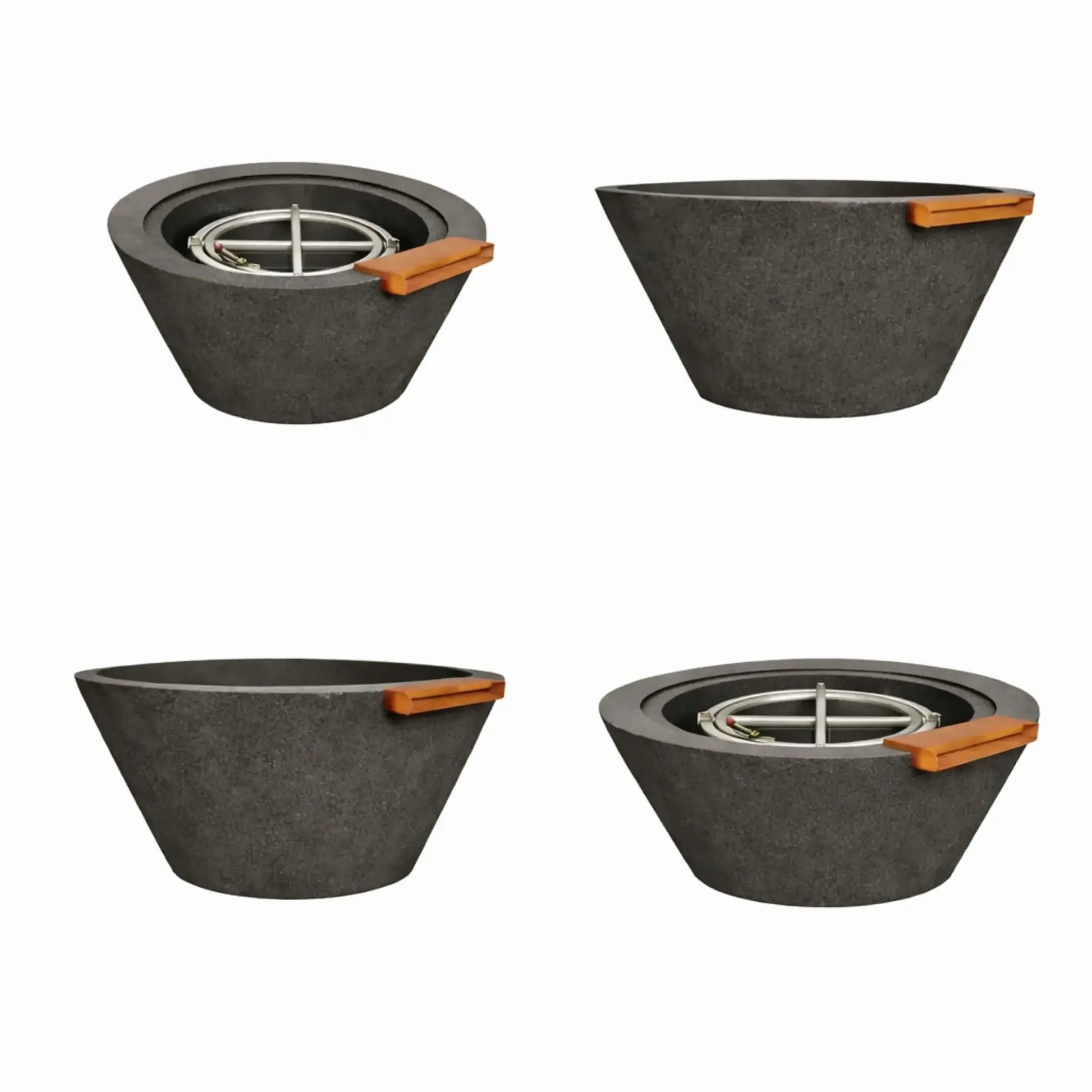 Four views of a black round cone-style fire and water bowl showing the sloped exterior design, integrated burner pan, bronze spillway detail, and smooth concrete texture from different angles.