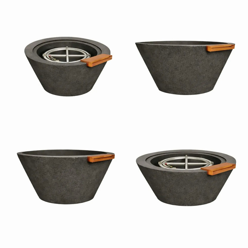 Four views of a black round cone-style fire and water bowl showing the sloped exterior design, integrated burner pan, bronze spillway detail, and smooth concrete texture from different angles.
