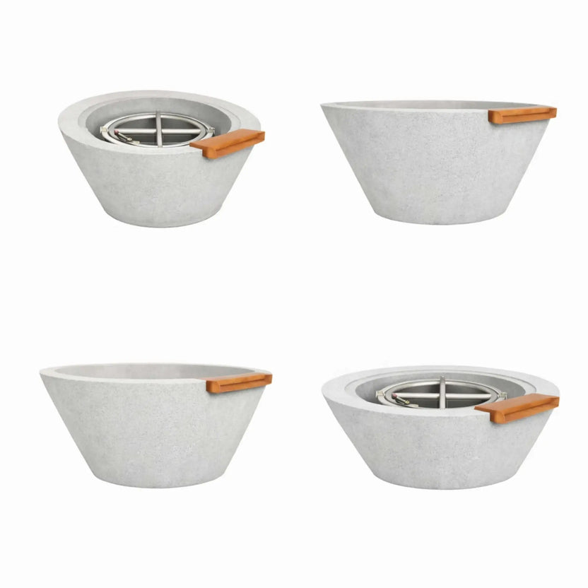 Set of gray cone style fire and water bowls displayed from multiple angles, showing the tapered concrete design, textured surface, integrated bronze spillway, and interior stainless steel burner components used in outdoor fire and water features.