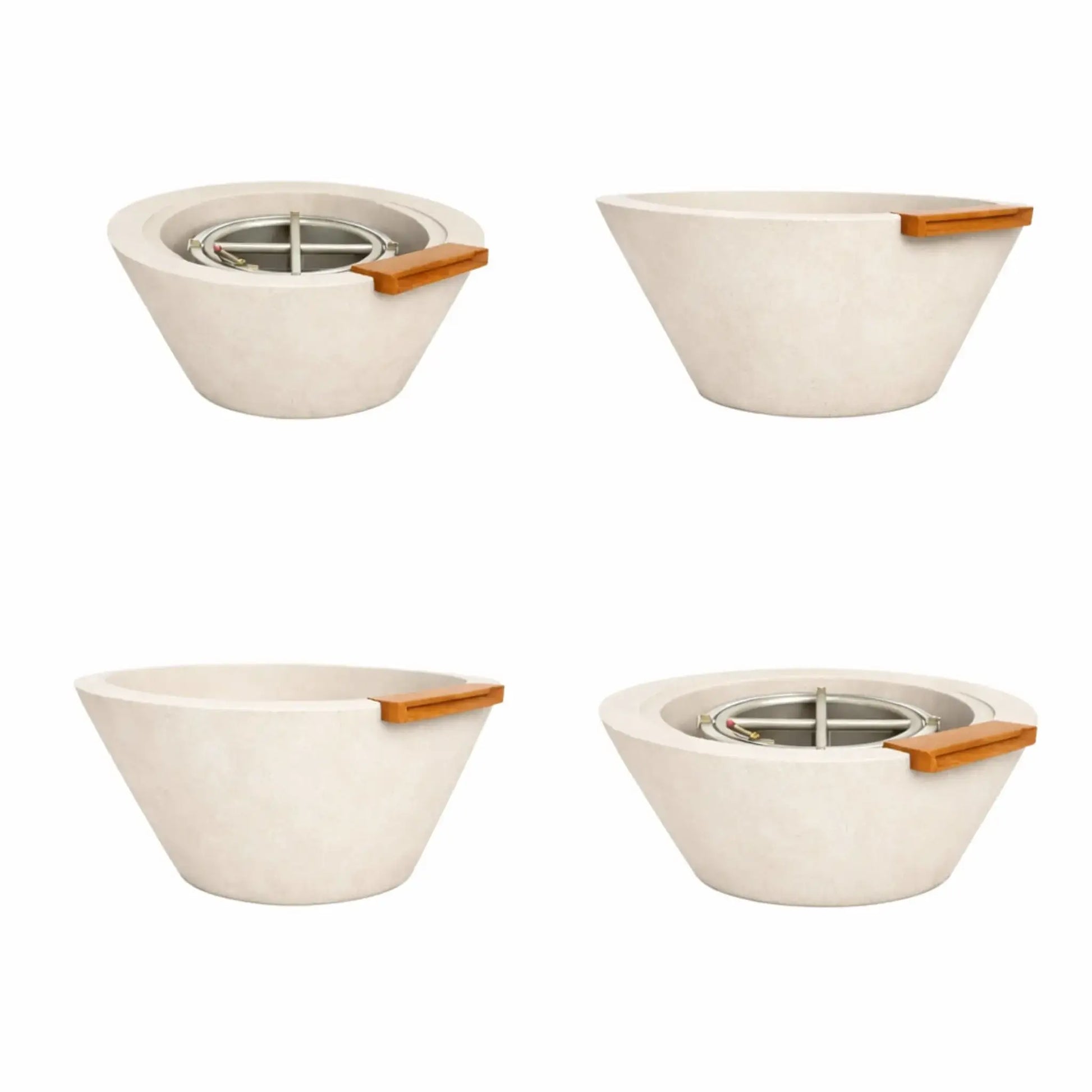 Collection of white cone style fire and water bowls shown from several viewpoints, highlighting the clean concrete finish, angled bowl shape, built-in bronze spillway, and internal burner assembly for contemporary outdoor fire features.