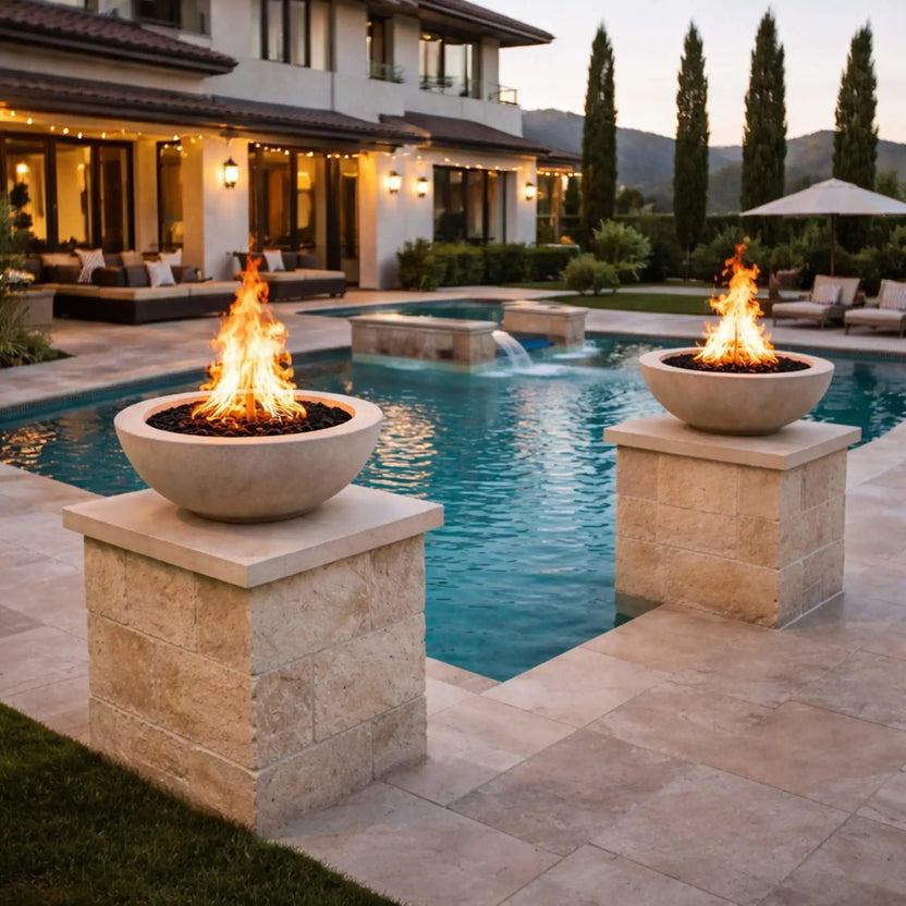Elegant white concrete round fire bowls from Flame Havens mounted on stone columns along a resort-style pool, creating a striking contrast between fire and water in a refined outdoor living space at dusk.