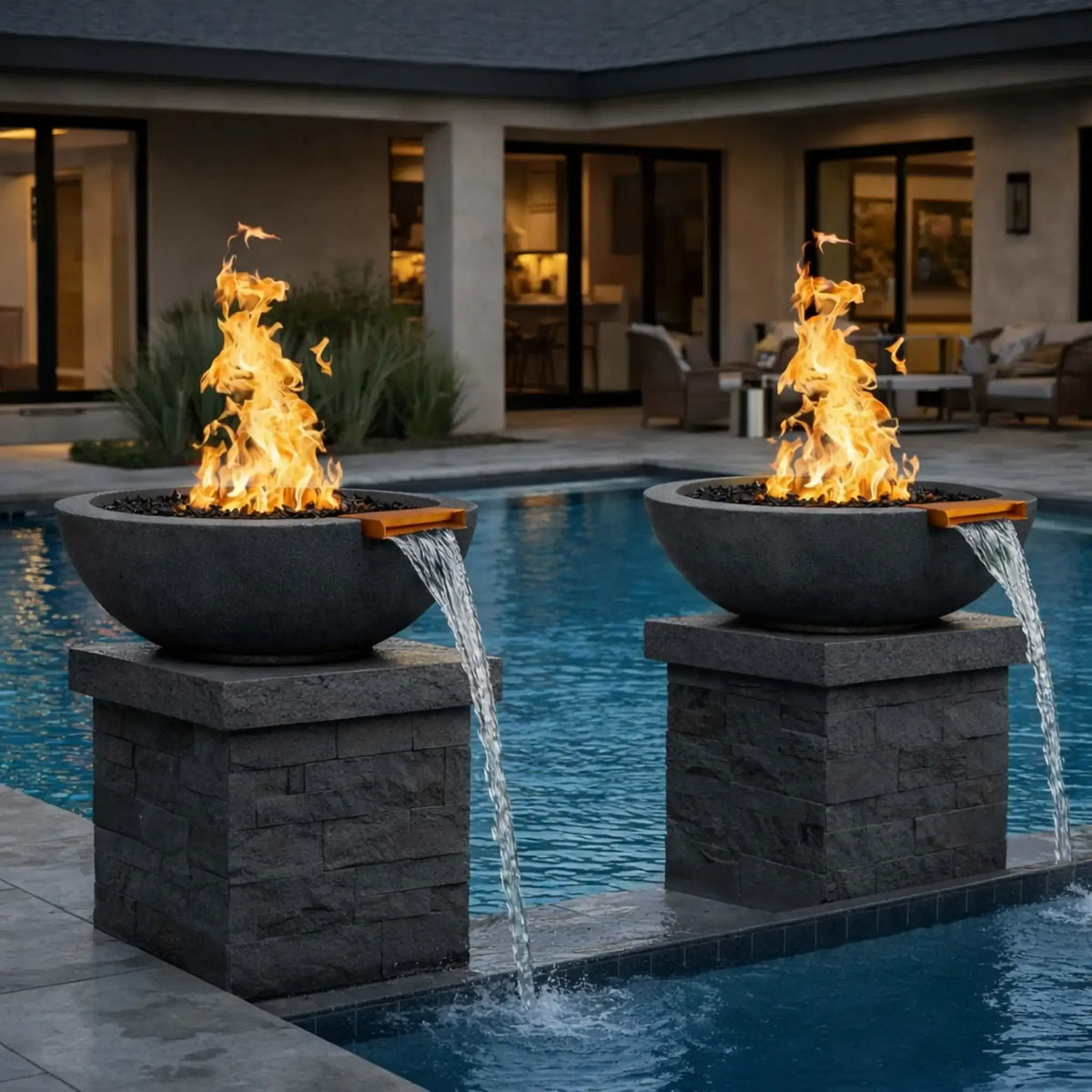Pair of round black concrete fire and water bowls installed on stone pedestals beside a modern swimming pool, featuring tall gas flames rising from black fire media while water spills smoothly from bronze scuppers into the pool, creating a dramatic fire and water focal point in a contemporary backyard setting.