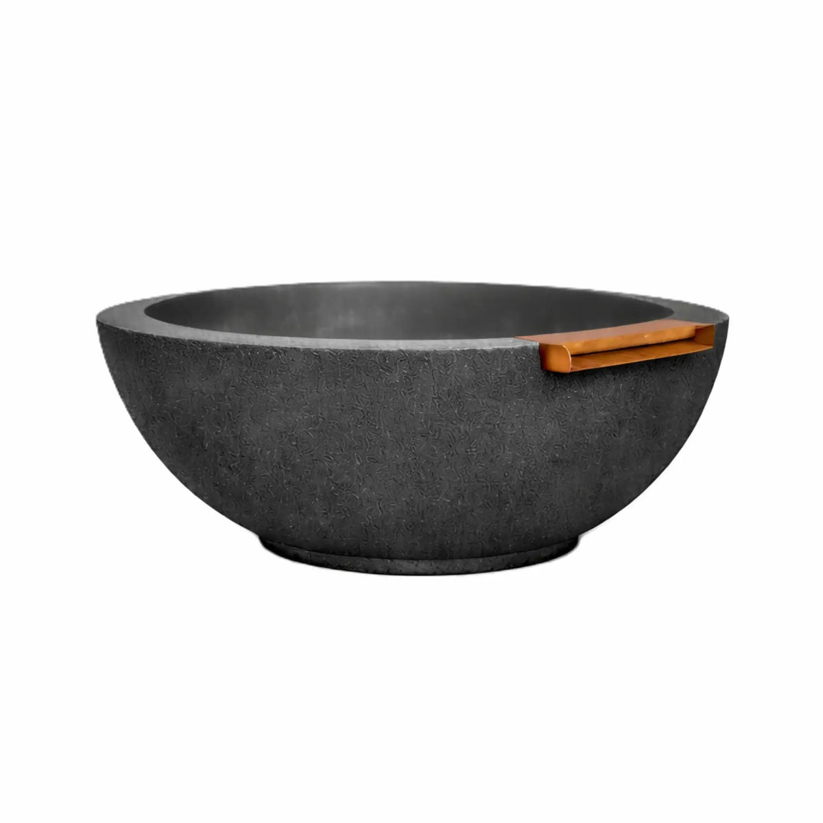 Black round concrete fire and water bowl with a smooth textured finish, featuring an integrated bronze spillway on the rim and a wide basin designed to hold fire media and a gas burner, shown against a clean white background.