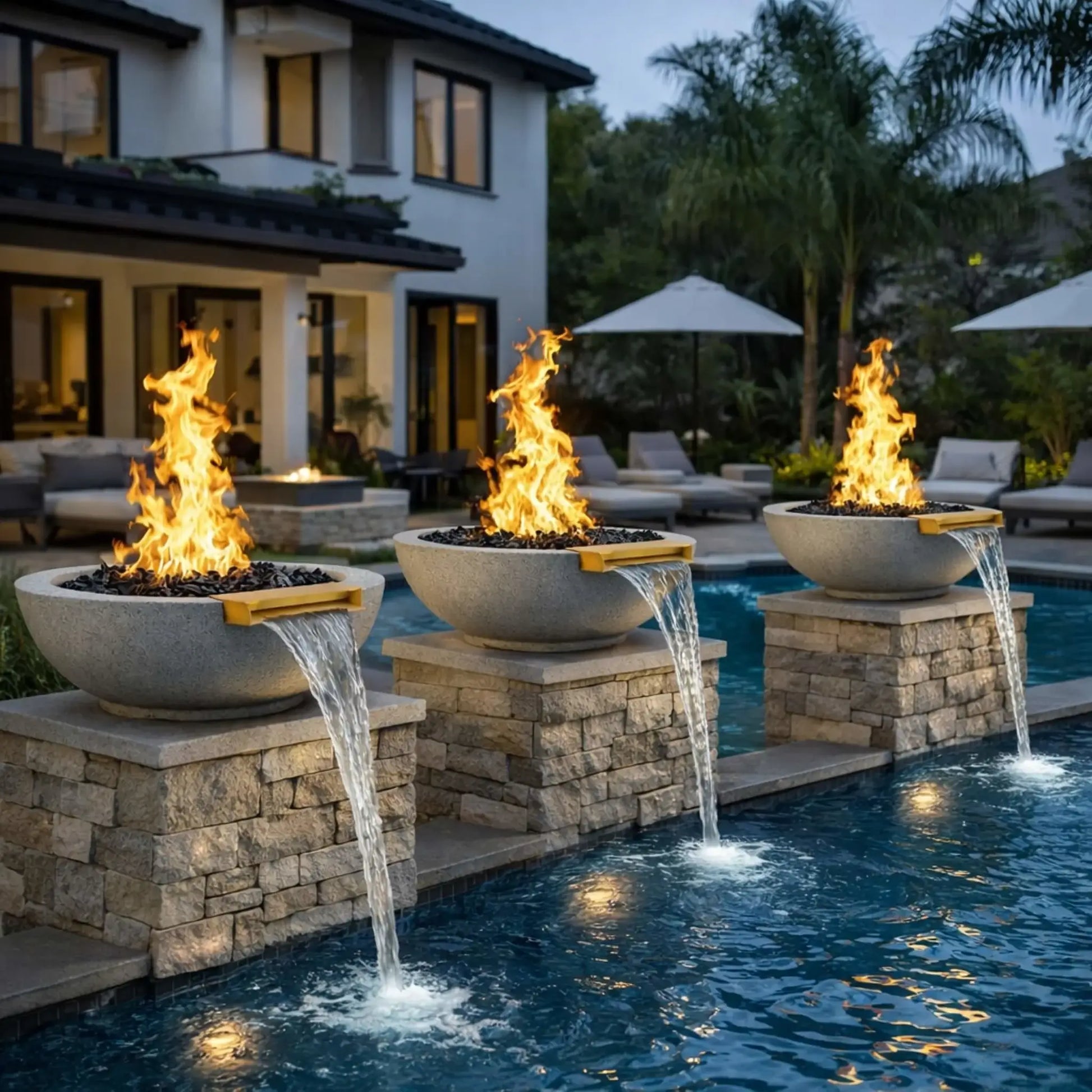Three round gray fire and water bowls mounted on stacked stone columns along a pool edge, each bowl displaying bright gas flames above dark fire glass with water cascading into the pool, set in an upscale outdoor living space with modern lounge seating and landscaping.
