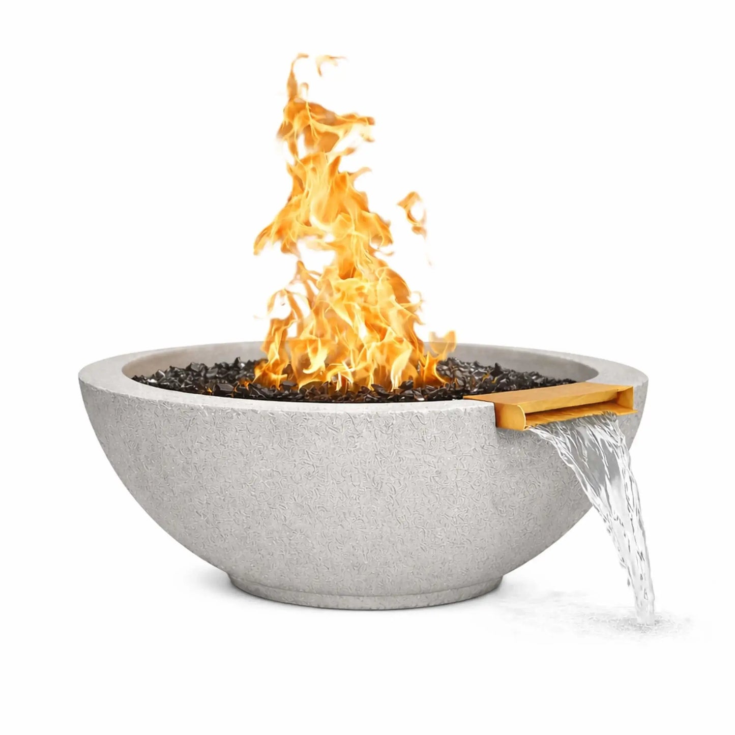 Round gray concrete fire and water bowl featuring a tall gas flame burning over black fire glass, with water flowing from an integrated bronze spillway, shown against a white background to highlight the bowl’s texture and fire-and-water design.