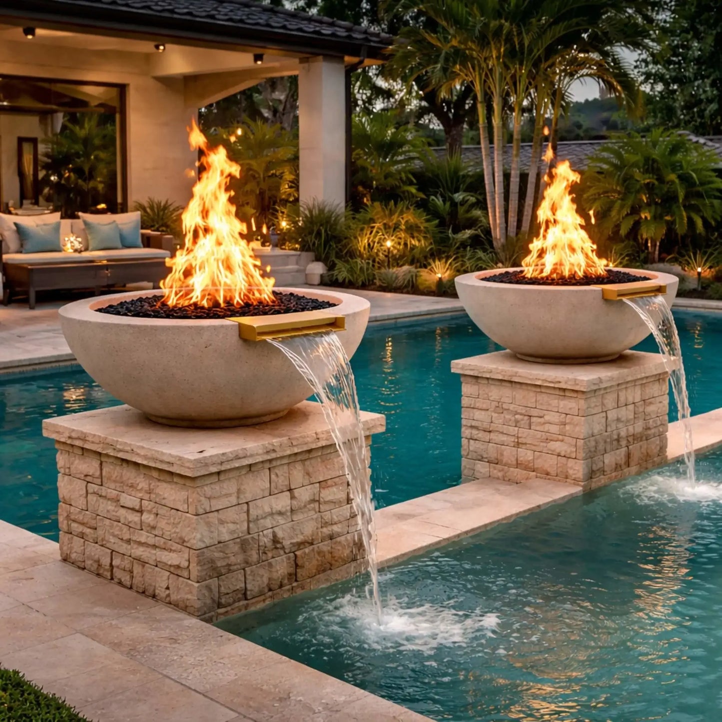 Two round white concrete fire and water bowls positioned on stone bases beside a swimming pool, showing vibrant gas flames above black fire media and flowing water from integrated spillways, surrounded by tropical landscaping and a covered outdoor seating area.