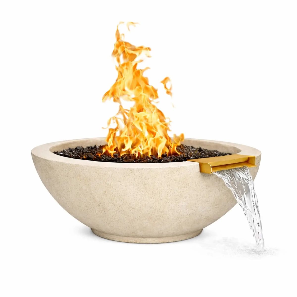 White round concrete fire and water bowl with a natural stone-like finish, showcasing an active gas flame burning over black fire media while water flows steadily from a bronze spillway, isolated on a white background for product detail visibility.