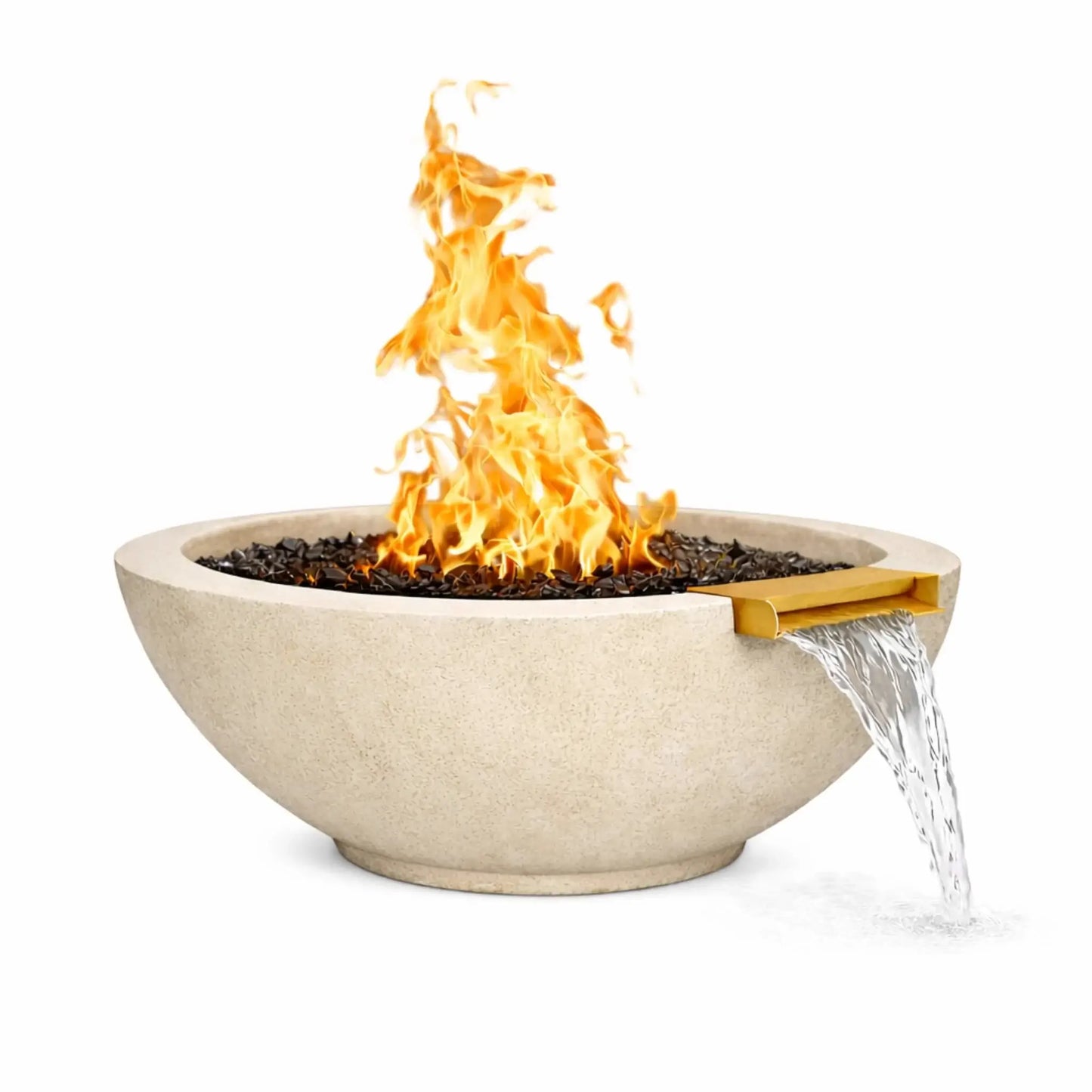 White round concrete fire and water bowl with a natural stone-like finish, showcasing an active gas flame burning over black fire media while water flows steadily from a bronze spillway, isolated on a white background for product detail visibility.