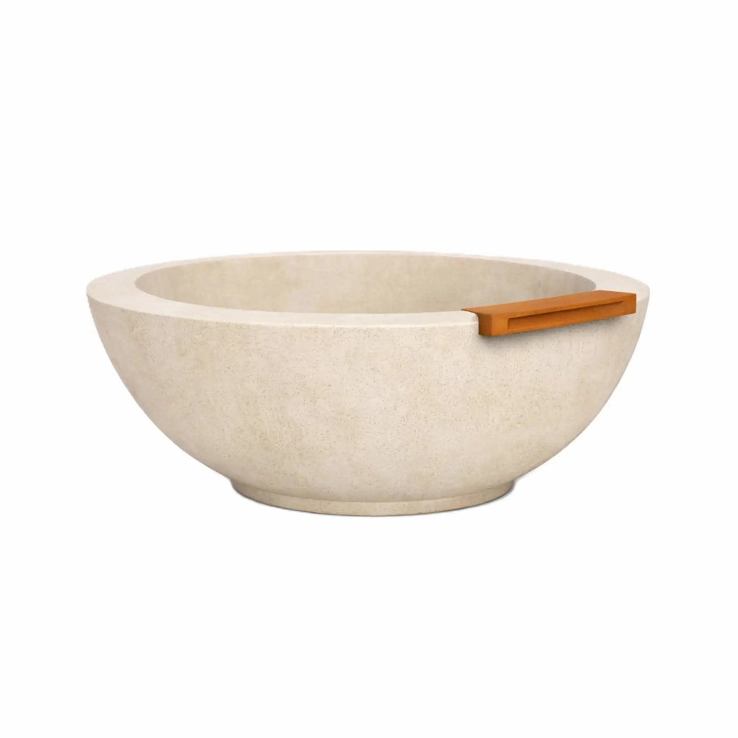 White round concrete fire and water bowl with a clean, natural stone finish and integrated bronze spillway, displayed on a white background to showcase the bowl’s shape, texture, and modern outdoor design.