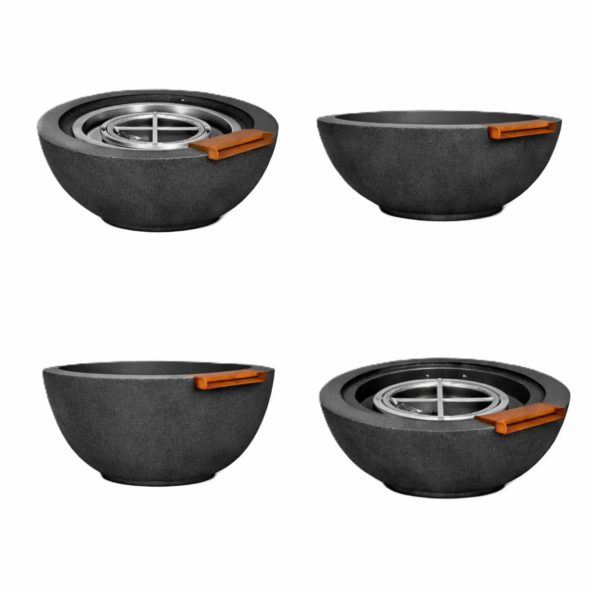 Collection of black round fire and water bowls displayed from multiple angles, highlighting the textured concrete finish, integrated bronze spillway, and internal stainless steel burner components used for gas fire and water feature installations.