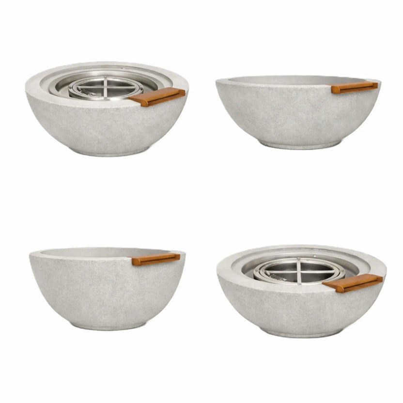 Set of gray round fire and water bowls displayed from multiple angles, showing the textured concrete finish, integrated bronze spillway, and internal stainless steel gas burner components used for outdoor fire and water feature installations.