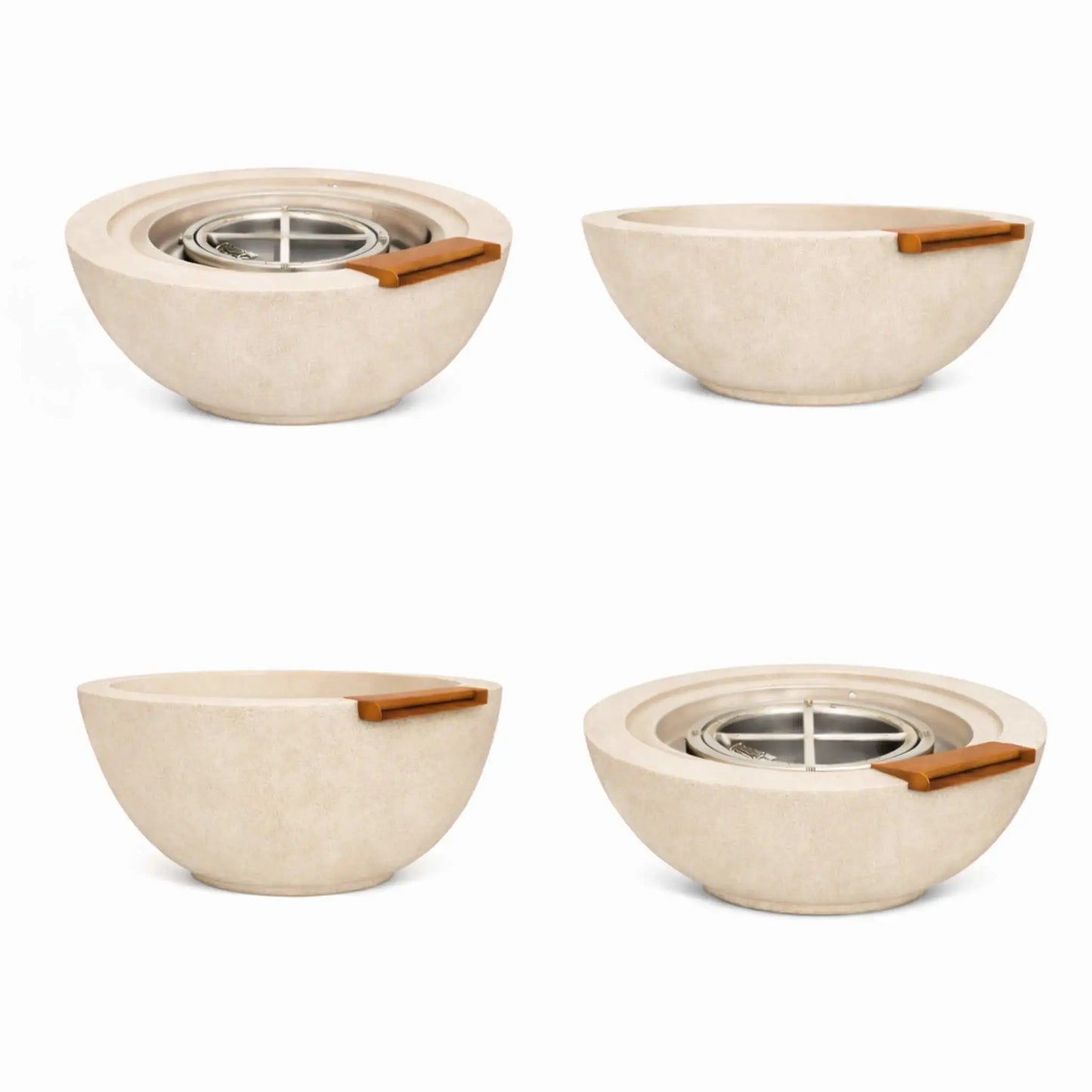 Collection of white round fire and water bowls shown from several angles, highlighting the smooth concrete finish, bronze spillway detail, and interior burner assembly designed for modern outdoor fire and water features.