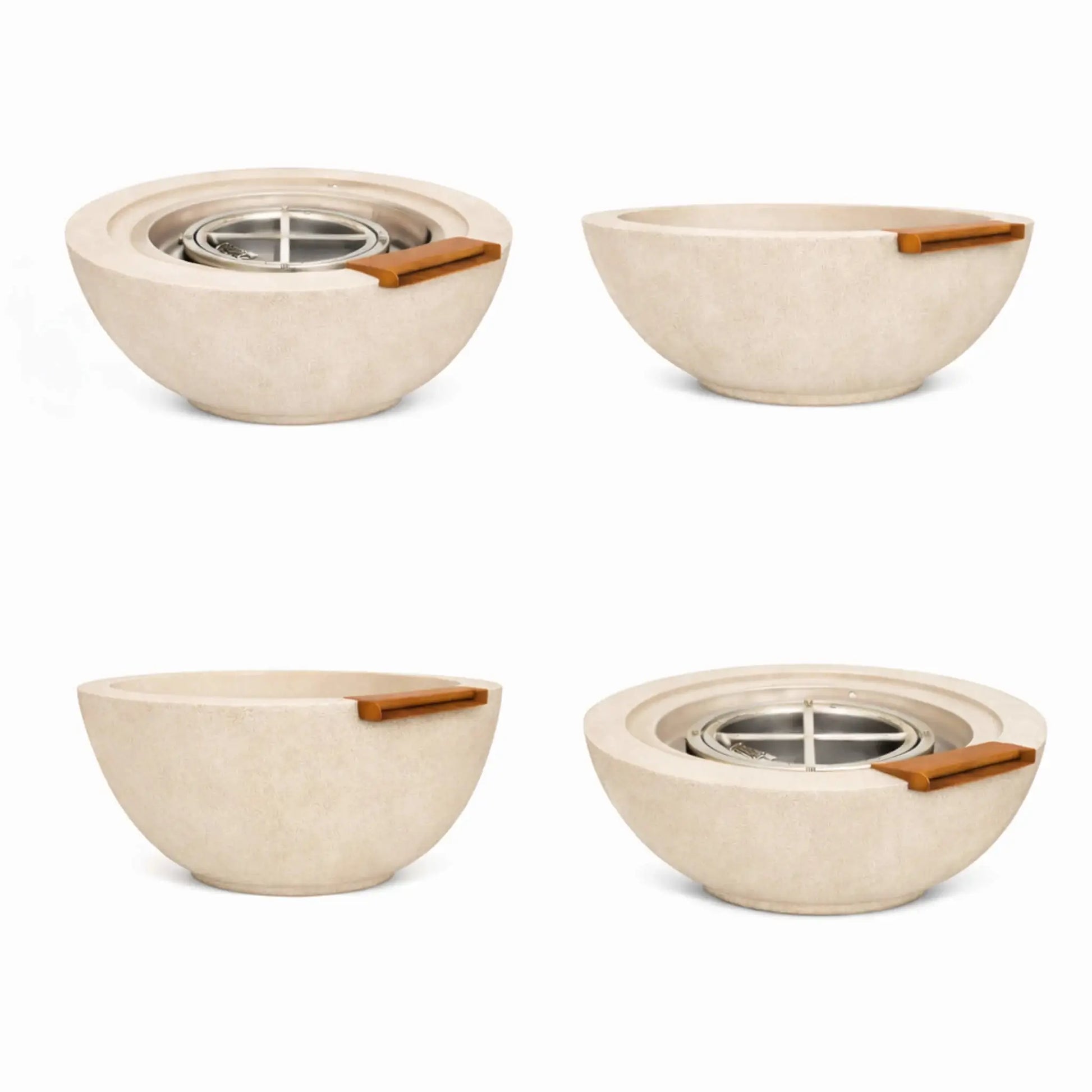 Collection of white round fire and water bowls shown from several angles, highlighting the smooth concrete finish, bronze spillway detail, and interior burner assembly designed for modern outdoor fire and water features.