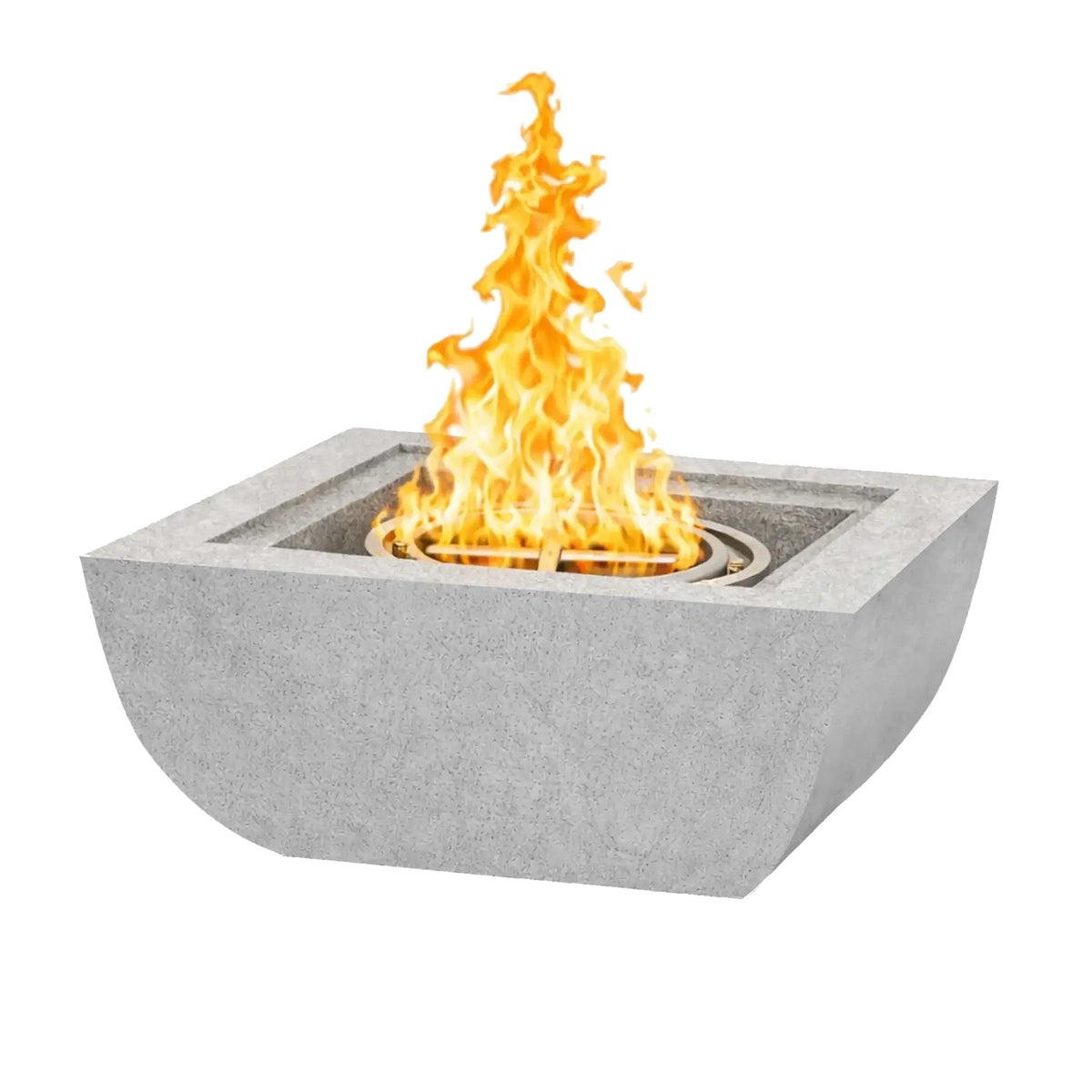 Product image of the Serenity Series square curved fire bowl in a light gray finish with a stainless steel burner ring inside the recessed fire pit opening. Bright flames rise from the center, emphasizing the clean geometric shape and smooth concrete texture. The isolated white background presents the modern outdoor gas fire bowl design clearly.