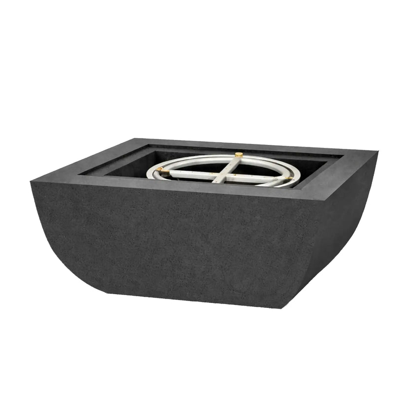Graphite black Serenity Series square curved fire bowl shown without flames on a clean white background. The fire bowl features a recessed square opening with a stainless steel circular burner ring and cross support visible inside. The smooth curved concrete-style exterior highlights the modern geometric design intended for poolside fire feature installations.