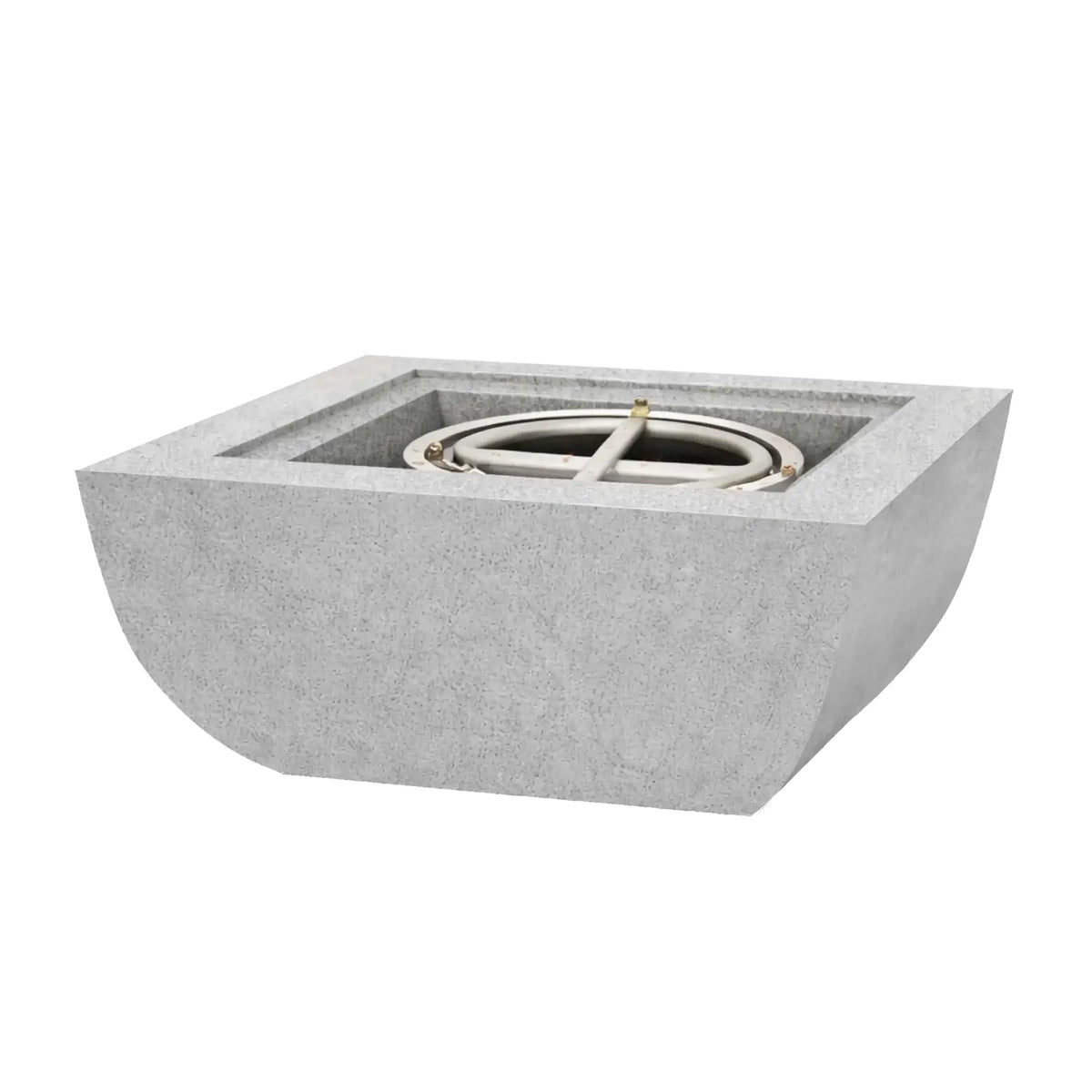 Light gray square curved fire bowl from the Flame Havens Serenity Series photographed without flames. The top opening reveals a stainless steel burner ring and internal support bracket. The gently curved exterior and square opening create a contemporary architectural fire bowl design suitable for outdoor patios and pool features.