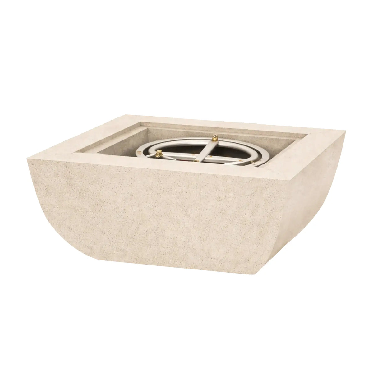 Cream-white Serenity Series square curved fire bowl displayed without flame on a plain white background. The recessed fire chamber exposes the circular stainless steel burner ring used for gas ignition. Smooth curved sides and a modern square opening emphasize the minimalist outdoor fire bowl design.