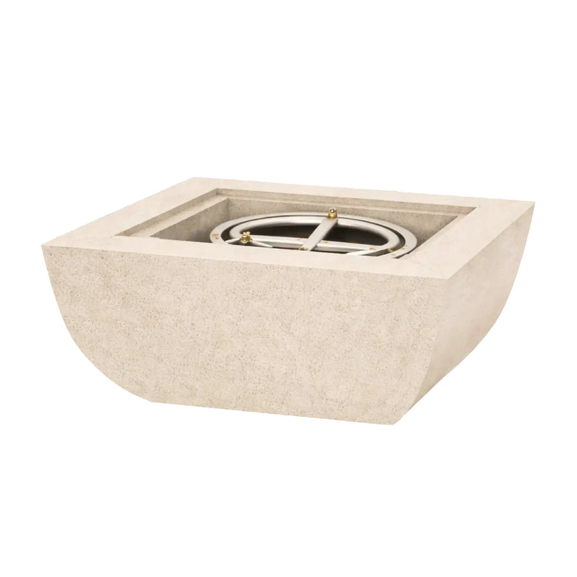 Cream-white Serenity Series square curved fire bowl displayed without flame on a plain white background. The recessed fire chamber exposes the circular stainless steel burner ring used for gas ignition. Smooth curved sides and a modern square opening emphasize the minimalist outdoor fire bowl design.