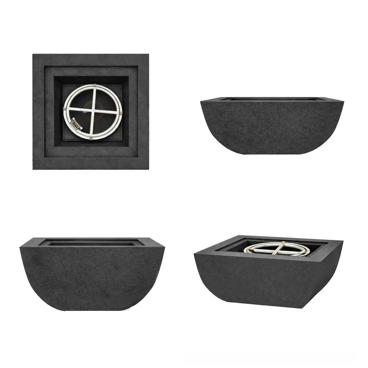 Product layout showing multiple views of the graphite Serenity Series square curved fire bowl. The collage includes a top-down view of the burner ring, a side profile highlighting the curved exterior, and angled perspectives of the bowl design. The images illustrate the shape, burner placement, and overall structure of the modern outdoor fire bowl.