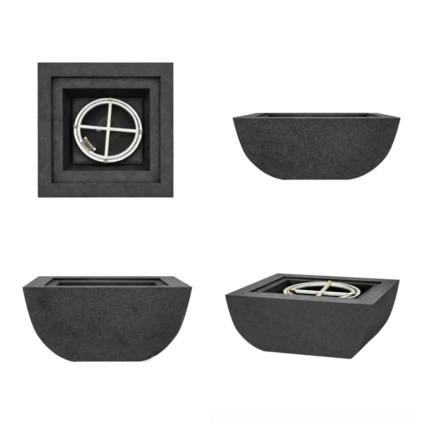 Product layout showing multiple views of the graphite Serenity Series square curved fire bowl. The collage includes a top-down view of the burner ring, a side profile highlighting the curved exterior, and angled perspectives of the bowl design. The images illustrate the shape, burner placement, and overall structure of the modern outdoor fire bowl.