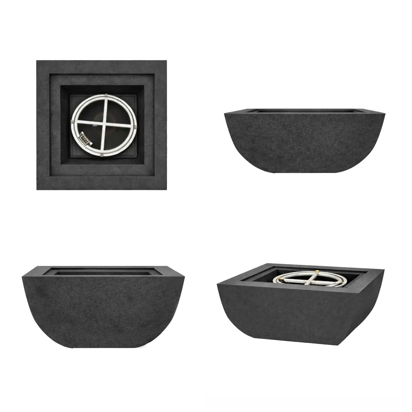 Product layout showing multiple views of the graphite Serenity Series square curved fire bowl. The collage includes a top-down view of the burner ring, a side profile highlighting the curved exterior, and angled perspectives of the bowl design. The images illustrate the shape, burner placement, and overall structure of the modern outdoor fire bowl.