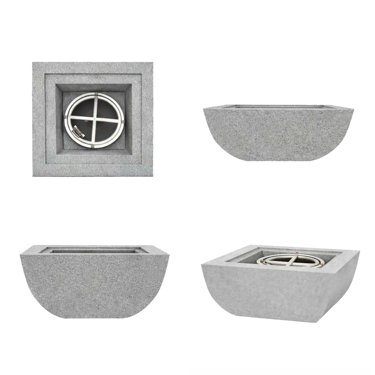 Composite product image featuring several views of the light gray Serenity Series square curved fire bowl. The layout includes top, side, and angled perspectives showing the recessed fire chamber and stainless steel burner ring. These views highlight the bowl’s curved sides and square opening designed for modern outdoor fire features.