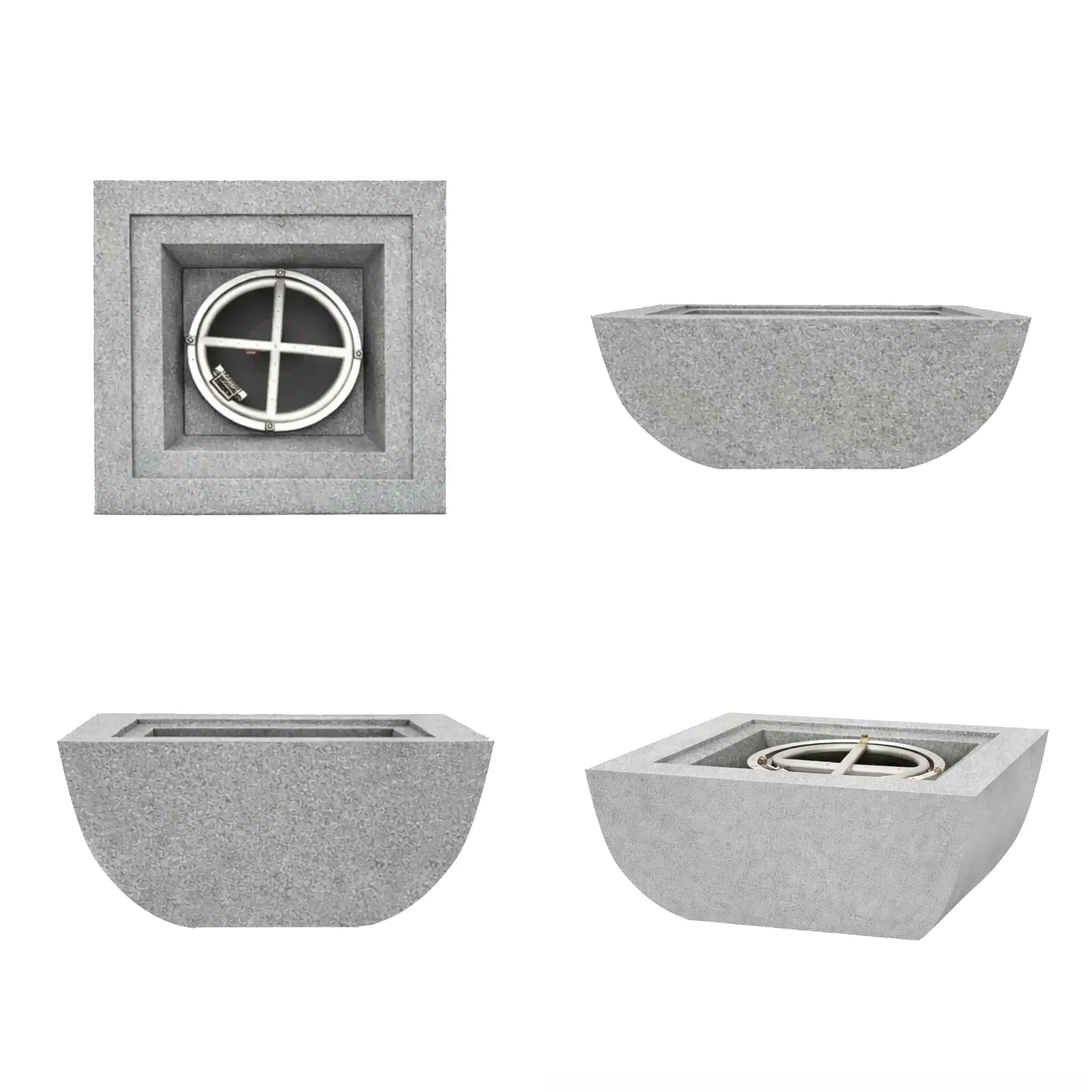 Composite product image featuring several views of the light gray Serenity Series square curved fire bowl. The layout includes top, side, and angled perspectives showing the recessed fire chamber and stainless steel burner ring. These views highlight the bowl’s curved sides and square opening designed for modern outdoor fire features.