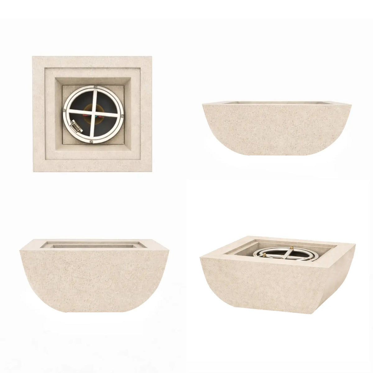 Multi-view product layout of the white Serenity Series square curved fire bowl. The image shows the bowl from the top, side, and angled perspectives, revealing the recessed burner system and curved architectural profile. The clean white background emphasizes the shape and design of the contemporary outdoor gas fire bowl.