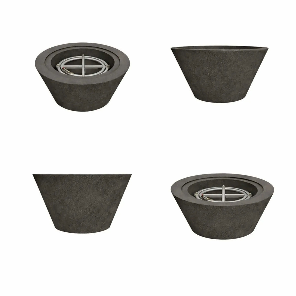 Flame Havens 24 inch round cone style fire only bowl in a black concrete finish, shown from multiple angles with an integrated stainless steel burner, highlighting the modern tapered design created for contemporary outdoor fire pit installations.