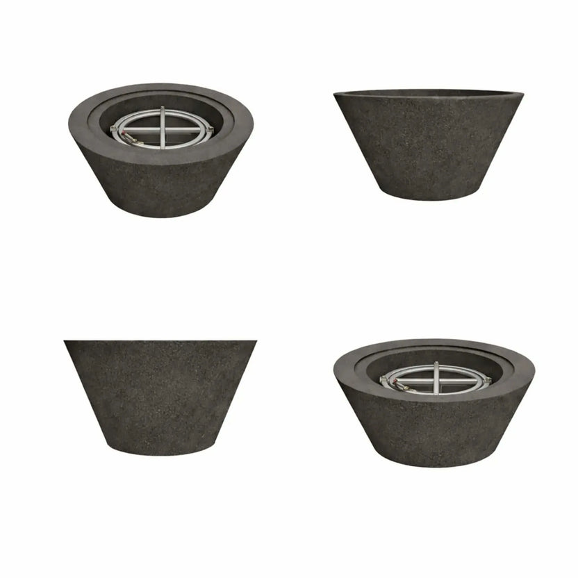 Flame Havens 24 inch round cone style fire only bowl in a black concrete finish, shown from multiple angles with an integrated stainless steel burner, highlighting the modern tapered design created for contemporary outdoor fire pit installations.