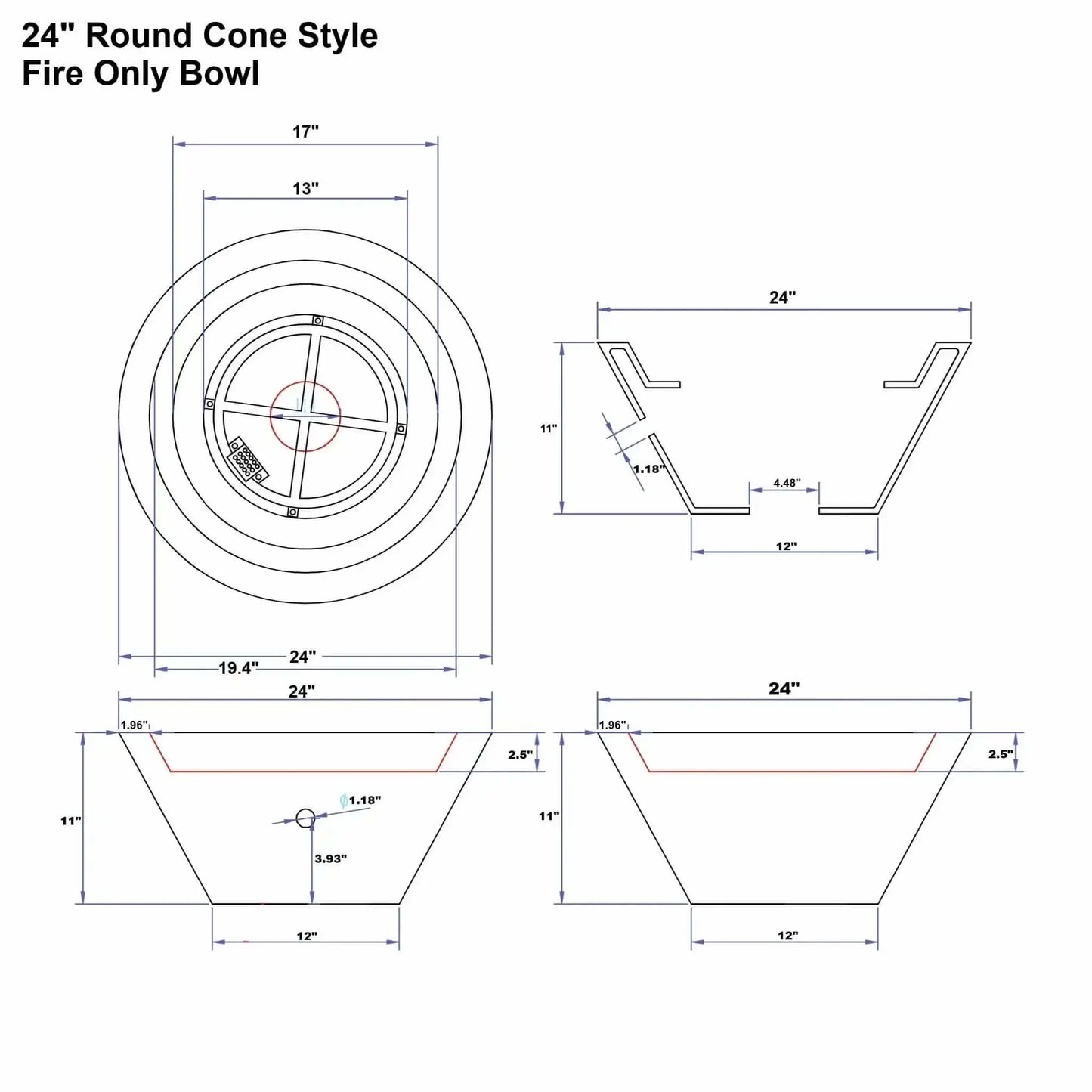Technical dimension diagram of the Flame Havens 24 inch round cone style fire only bowl, illustrating top and side views with detailed measurements for accurate planning and installation of a modern outdoor gas fire feature.