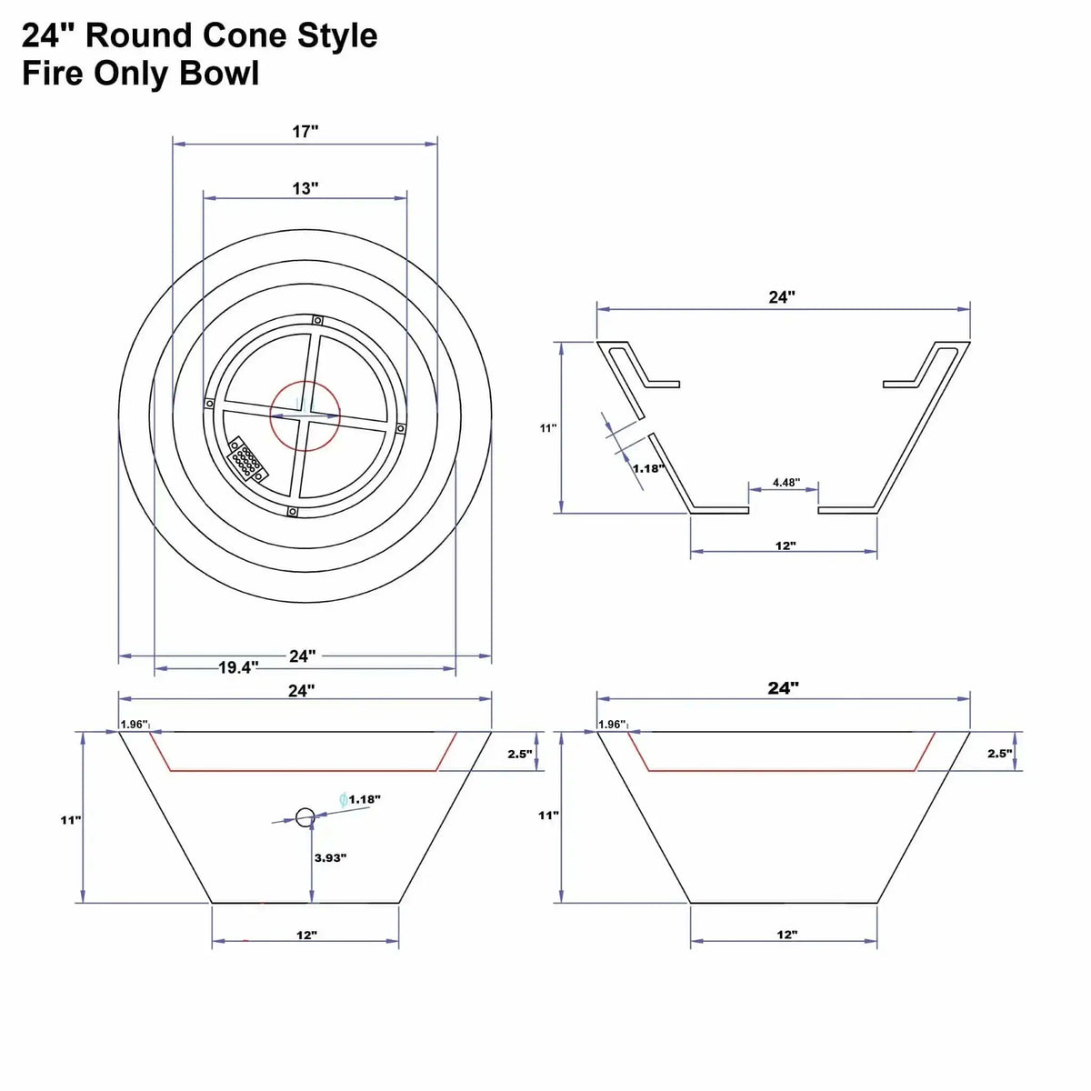 Technical dimension diagram of the Flame Havens 24 inch round cone style fire only bowl, illustrating top and side views with detailed measurements for accurate planning and installation of a modern outdoor gas fire feature.