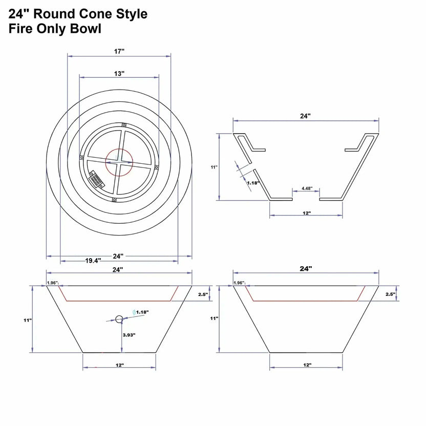 Technical dimension diagram of the Flame Havens 24 inch round cone style fire only bowl, illustrating top and side views with detailed measurements for accurate planning and installation of a modern outdoor gas fire feature.