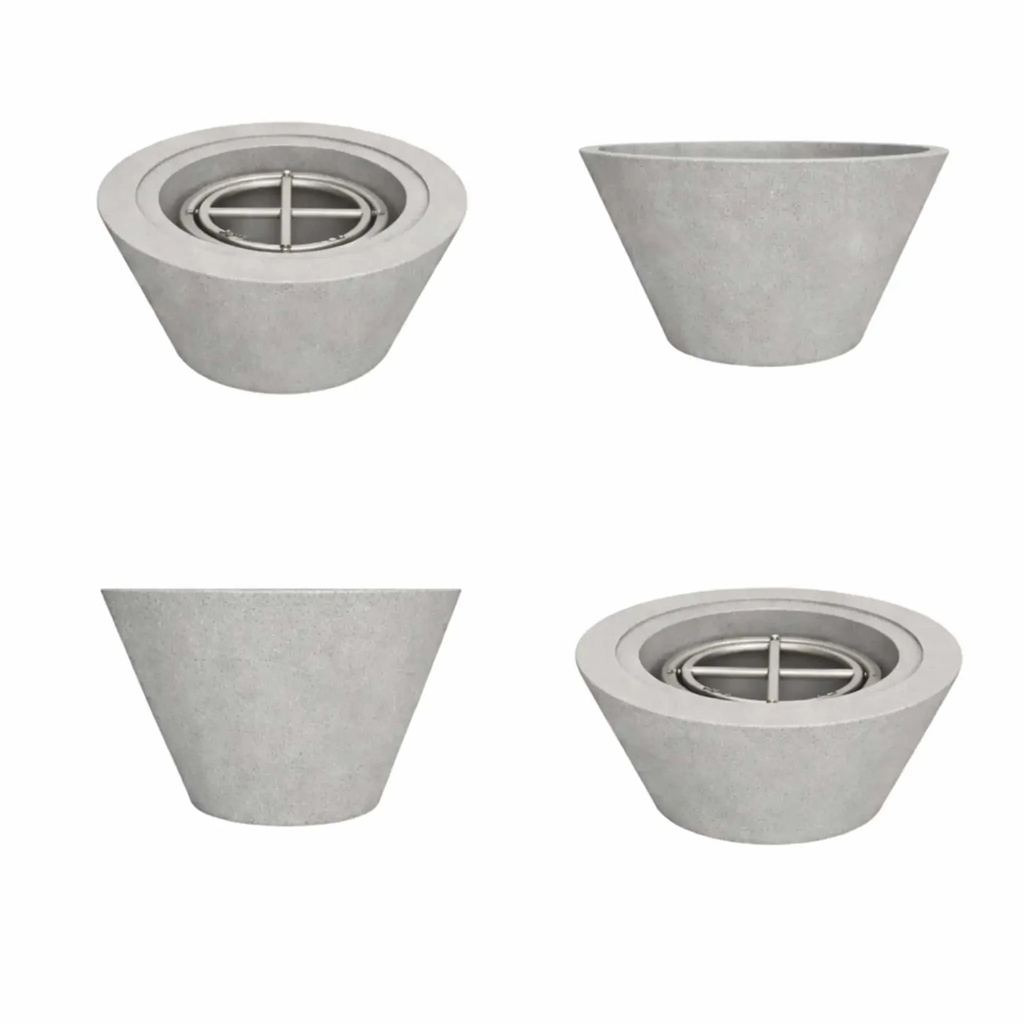 Flame Havens 24 inch round cone style fire only bowl in a smooth gray concrete finish, displayed from multiple perspectives to showcase the sculpted cone shape and stainless steel burner designed for stylish outdoor fire pit settings.