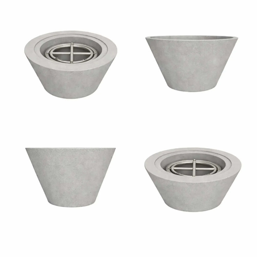 Flame Havens 24 inch round cone style fire only bowl in a smooth gray concrete finish, displayed from multiple perspectives to showcase the sculpted cone shape and stainless steel burner designed for stylish outdoor fire pit settings.