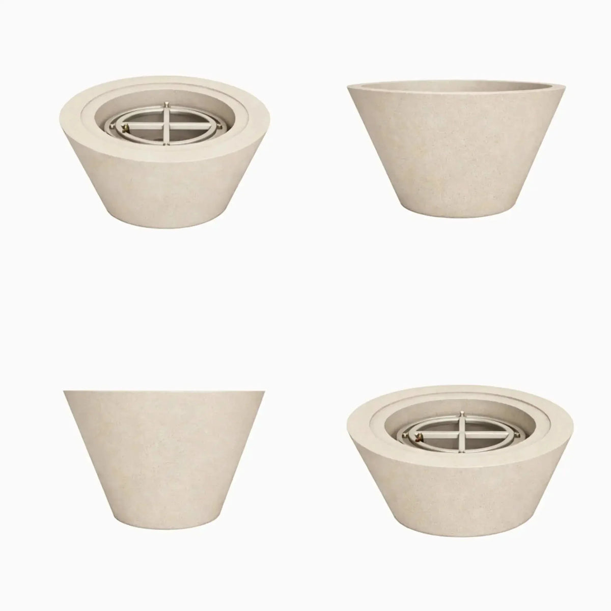 Flame Havens 24 inch round cone style fire only bowl finished in white concrete, presented from multiple angles with the burner visible, emphasizing a clean modern fire feature ideal for patios, courtyards, and outdoor living spaces.