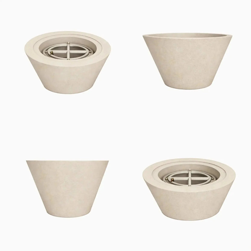 Flame Havens 24 inch round cone style fire only bowl finished in white concrete, presented from multiple angles with the burner visible, emphasizing a clean modern fire feature ideal for patios, courtyards, and outdoor living spaces.