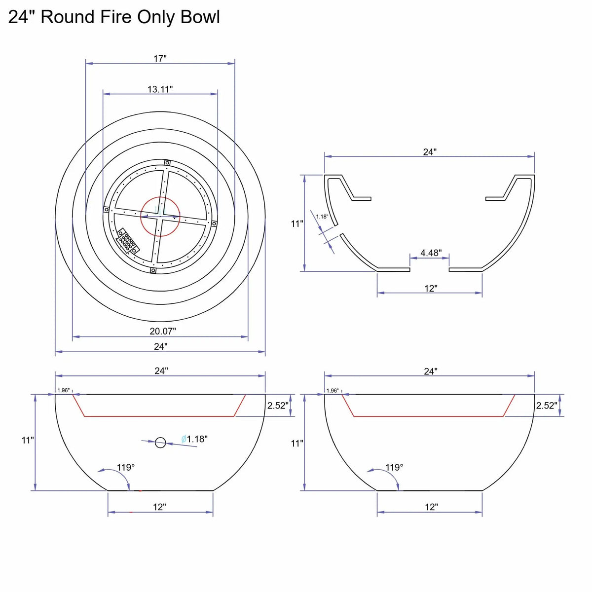Technical dimension diagram for the Flame Havens 24 inch round fire only bowl, showing top view, side profile, burner opening, wall thickness, and installation measurements for outdoor fire features.