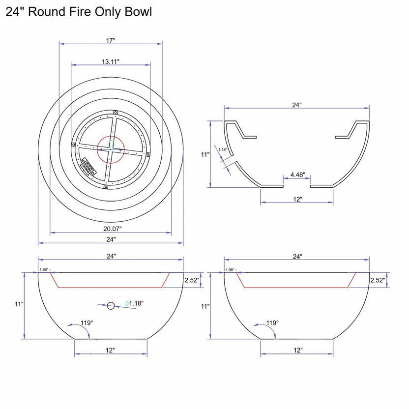 Technical dimension diagram for the Flame Havens 24 inch round fire only bowl, showing top view, side profile, burner opening, wall thickness, and installation measurements for outdoor fire features.