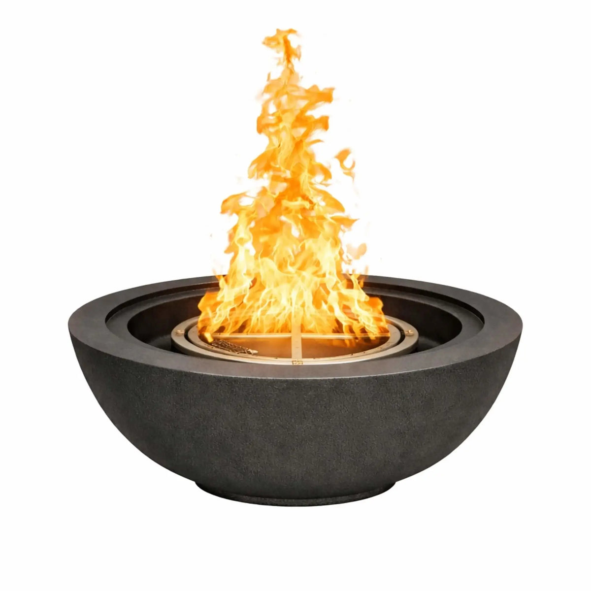 Flame Havens 24 inch round fire bowl in black GFRC concrete with an active flame, showcasing a smooth curved profile and stainless steel burner for modern outdoor fire pit designs.