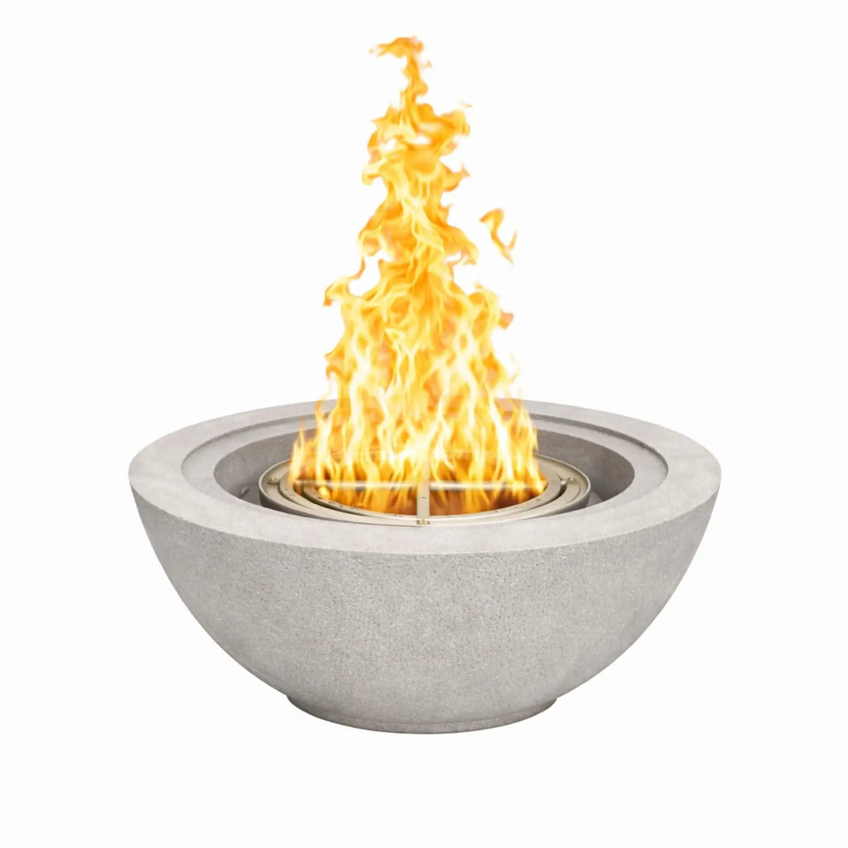 24 inch Flame Havens round fire bowl in gray concrete finish with tall natural flame, designed for contemporary patios, courtyards, and outdoor living spaces.