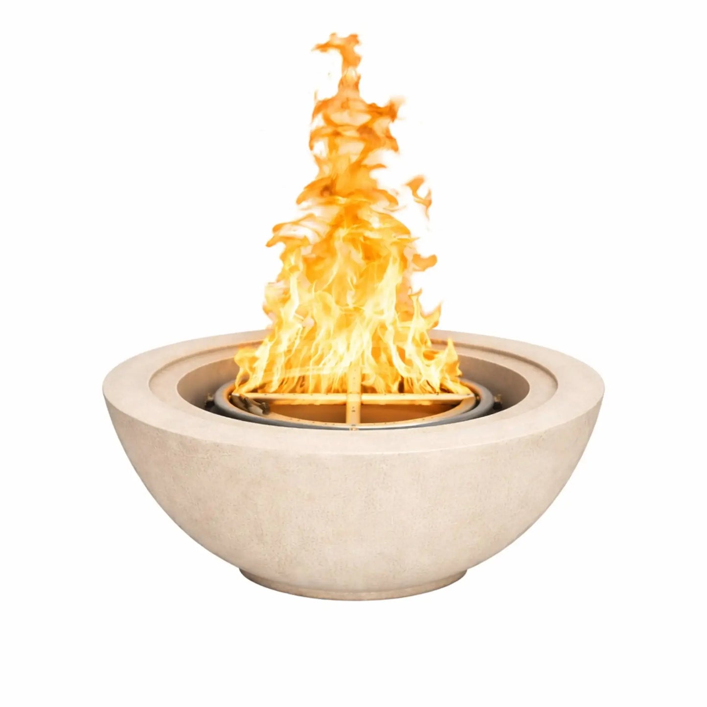 White GFRC Flame Havens 24 inch round fire bowl with fire burning, highlighting a clean minimalist shape ideal for luxury outdoor fire features.
