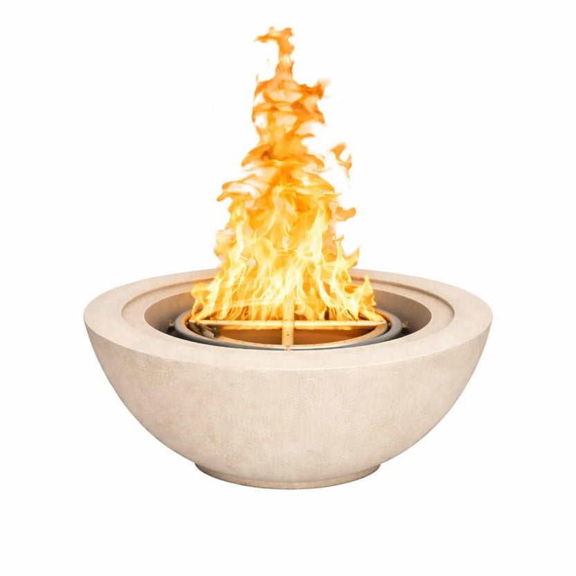 White GFRC Flame Havens 24 inch round fire bowl with fire burning, highlighting a clean minimalist shape ideal for luxury outdoor fire features.
