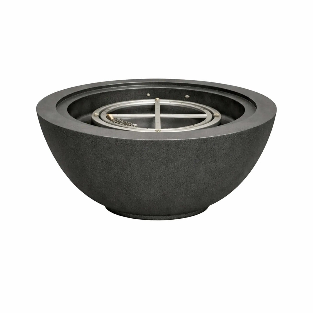 Black Flame Havens 24 inch round fire bowl shown without flame, revealing the stainless steel burner ring and smooth concrete basin design.