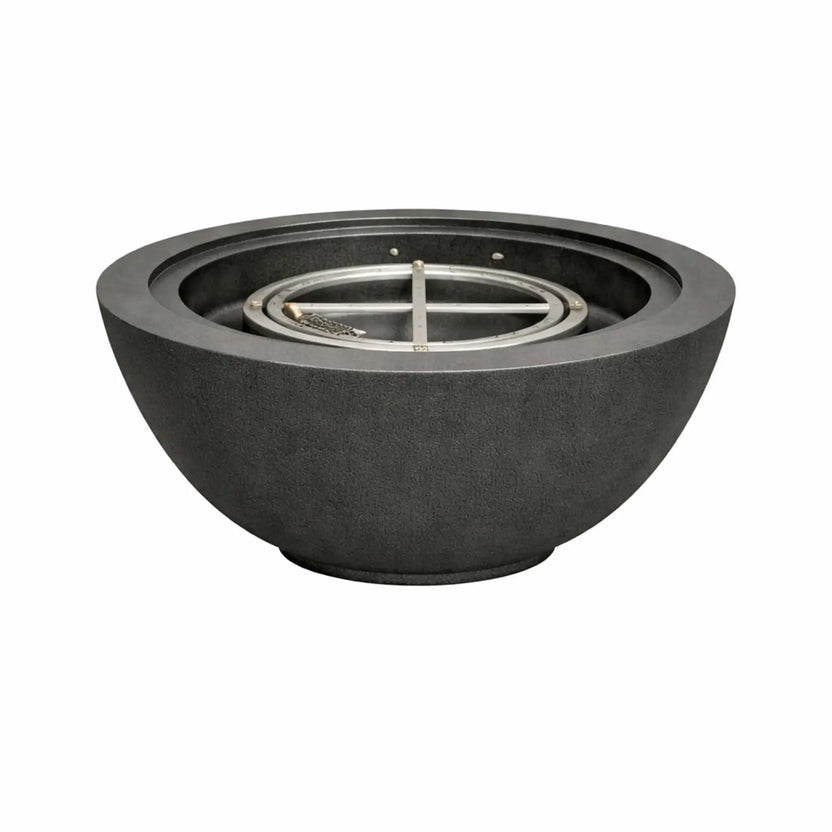 Black Flame Havens 24 inch round fire bowl shown without flame, revealing the stainless steel burner ring and smooth concrete basin design.
