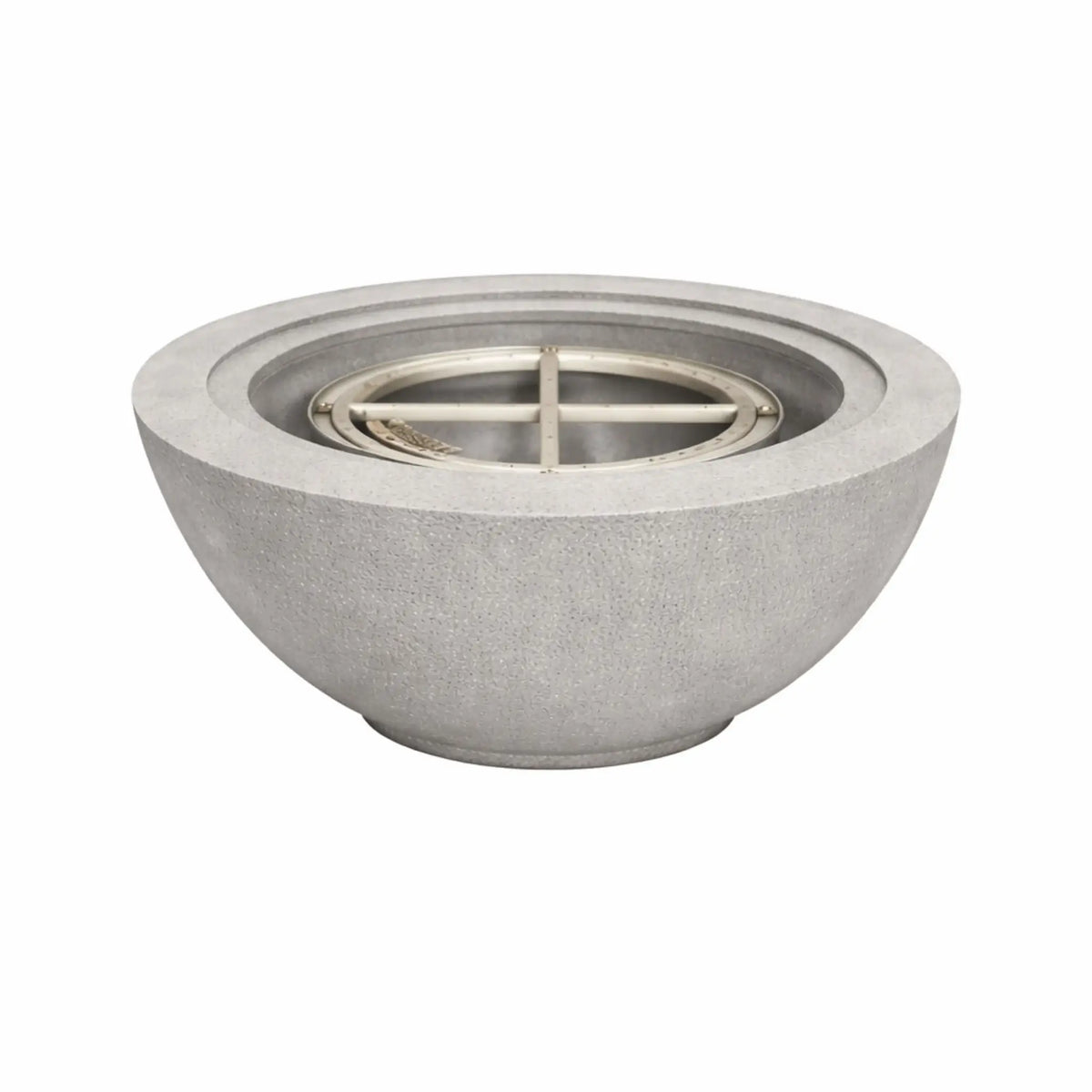 Gray 24 inch round Flame Havens fire bowl without flame, displaying the interior burner assembly and refined GFRC concrete construction.
