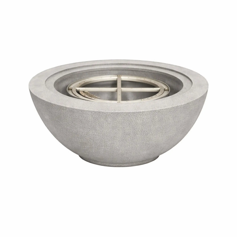 Gray 24 inch round Flame Havens fire bowl without flame, displaying the interior burner assembly and refined GFRC concrete construction.
