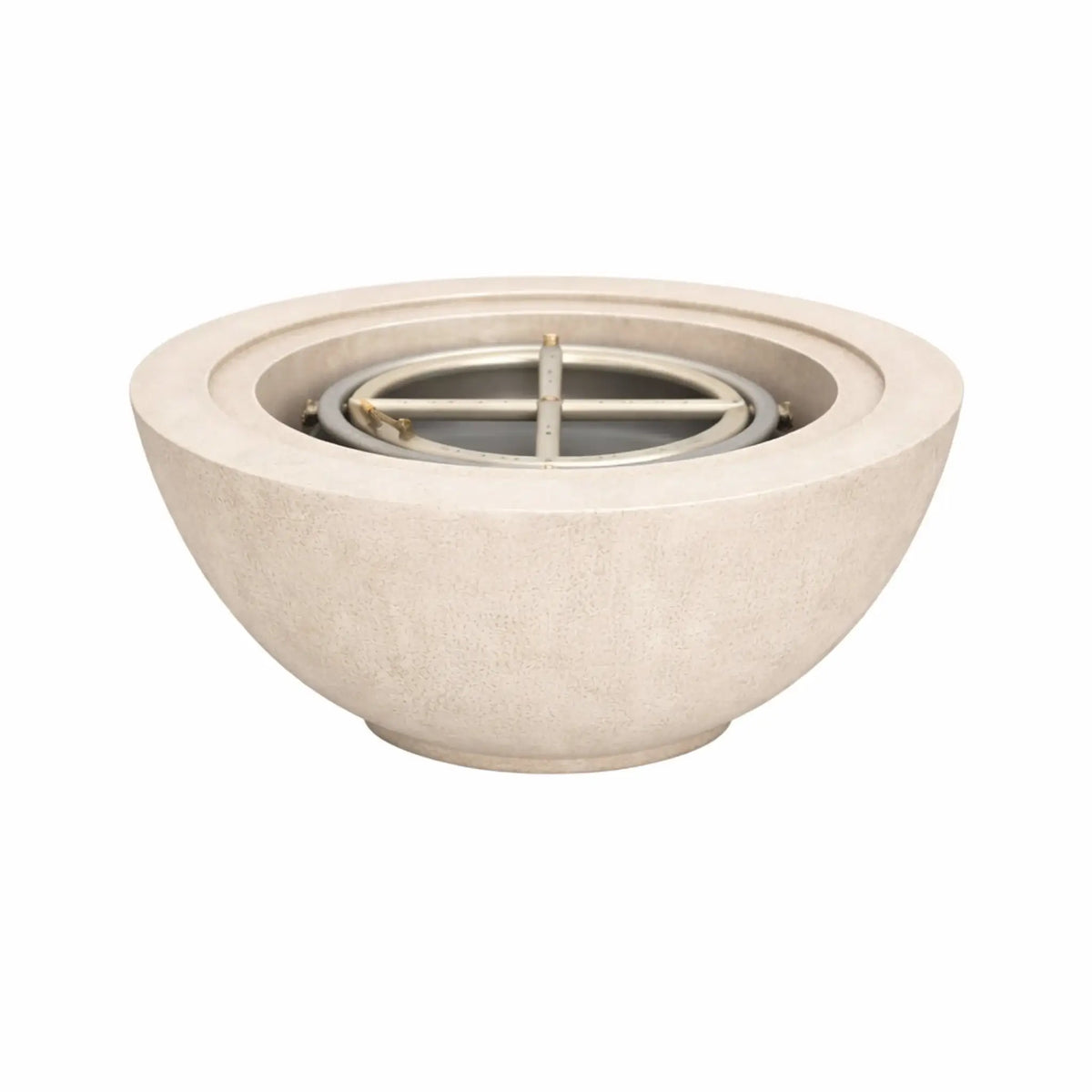 White Flame Havens 24 inch round fire bowl shown without flame, emphasizing the bowl’s curved silhouette, texture, and burner layout.