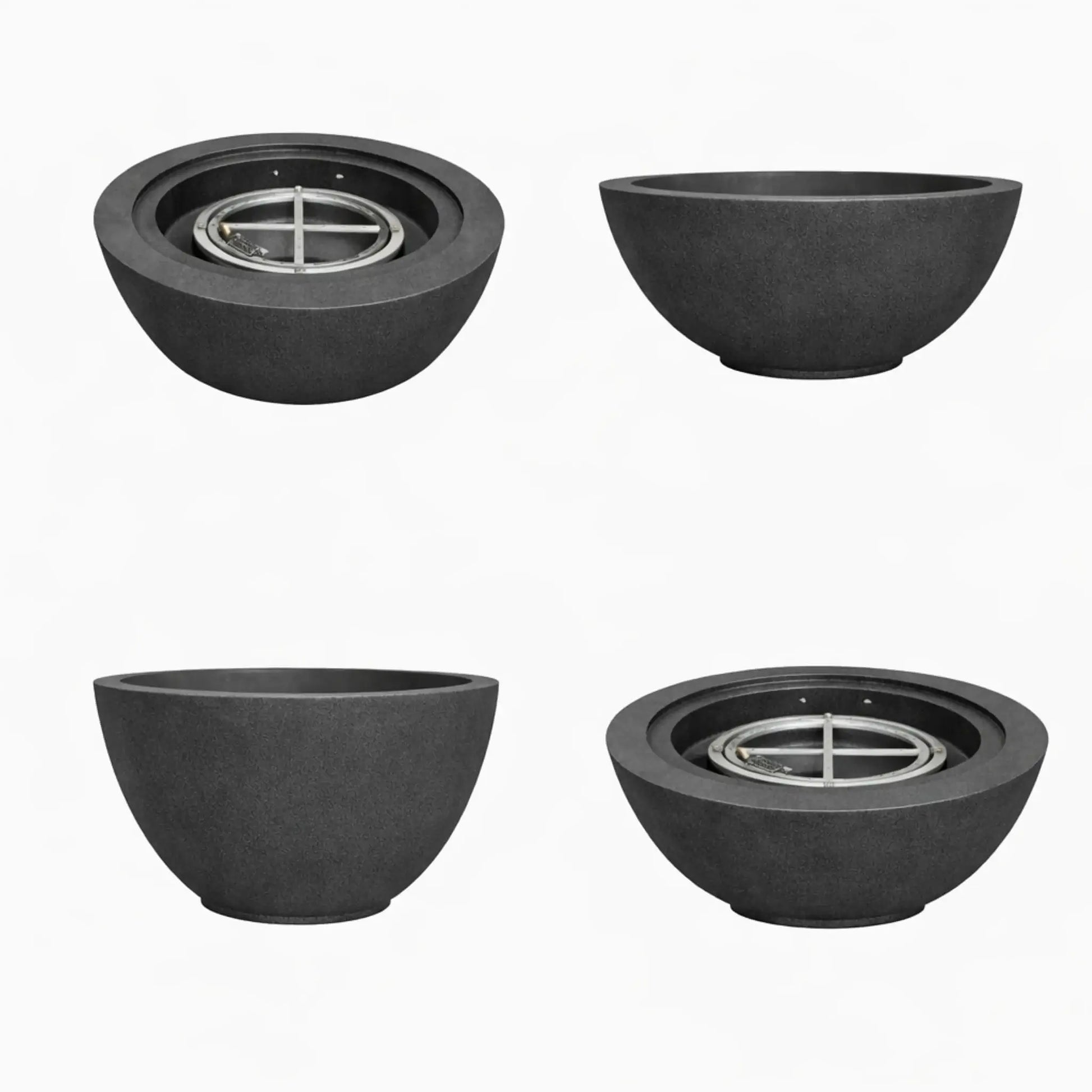 Multiple angle views of the Flame Havens 24 inch round fire bowl in black finish with flame, showing front, side, and top perspectives for outdoor fire pit installations.